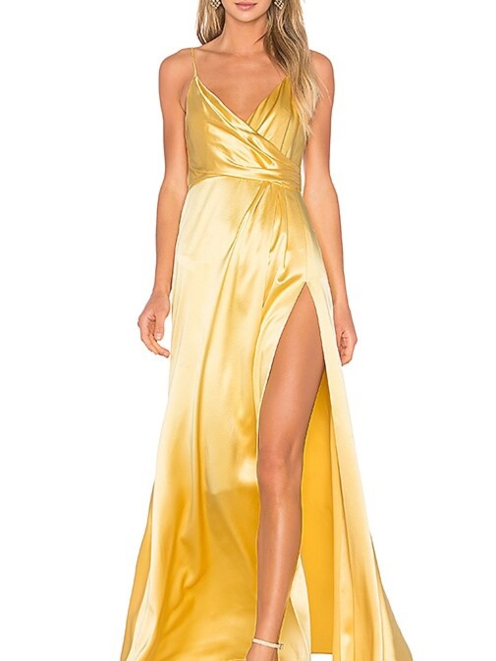 JILL STUART Satin Wrap V-Neck Yellow Evening Gown